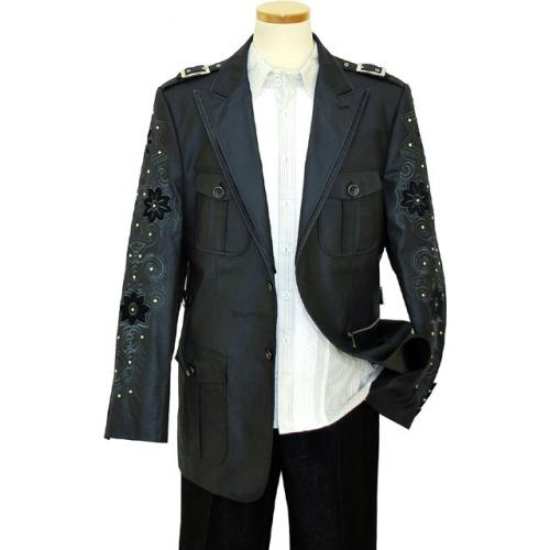 Lanzino Charcoal Grey Double Lapel Casual Blazer With Embroidery And Metal Studs 1762